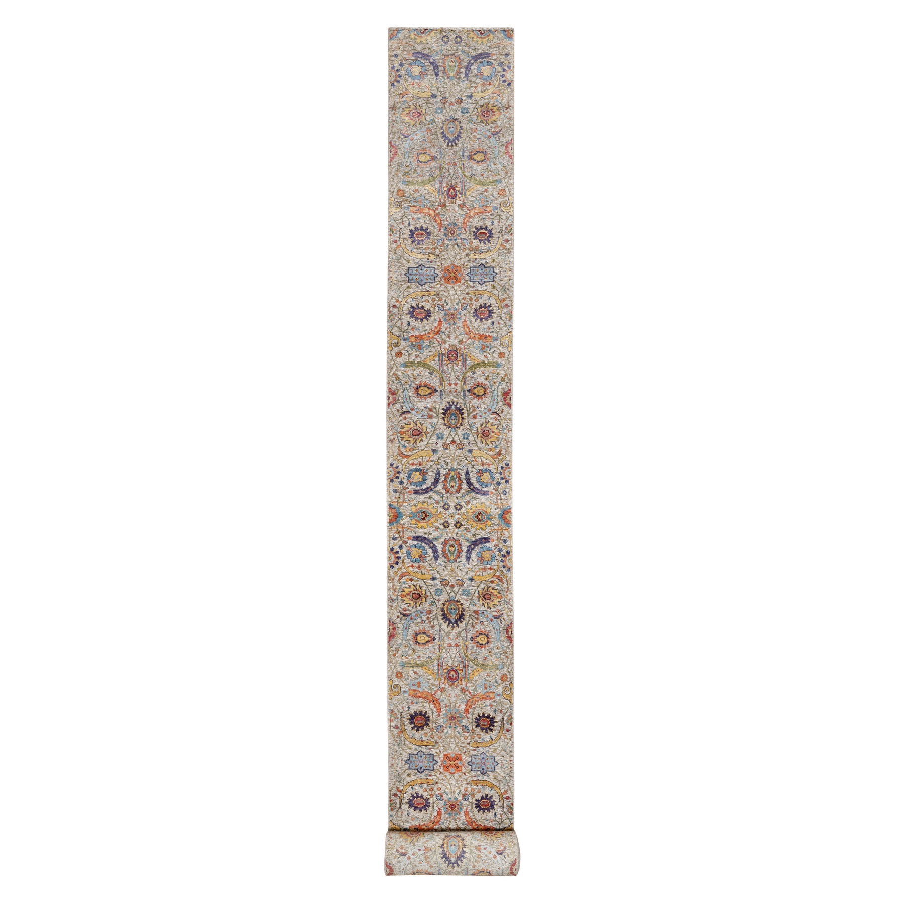 2'6"x27'7" Ivory and Brown, Hand Knotted, Colorful Sickle Leaf Design, Silk with Textured Wool, XL Runner, Oriental Rug 